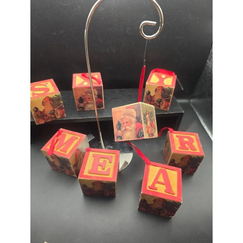 Vintage Set OF 8 Christmas Wood Alphabet Block Ornaments ReD Letter SaNTA Claus!